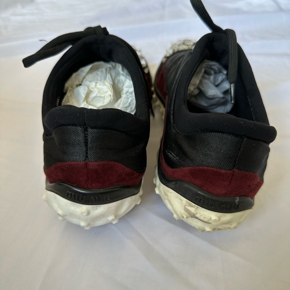 MIU MIU Black/Maroon Fabric and Suede Jeweled Toe Sneakers Size 38 - Picture 4 of 4